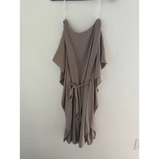 Suzi Chin for Maggy Boutique Taupe Mocha Draped Sleeve Belted Midi Dress Size 8