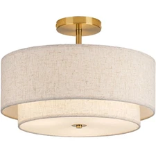 16" Double Drum Gold 3-Light Semi Flush Mount Ceiling Light, Fabric Linen Sha...