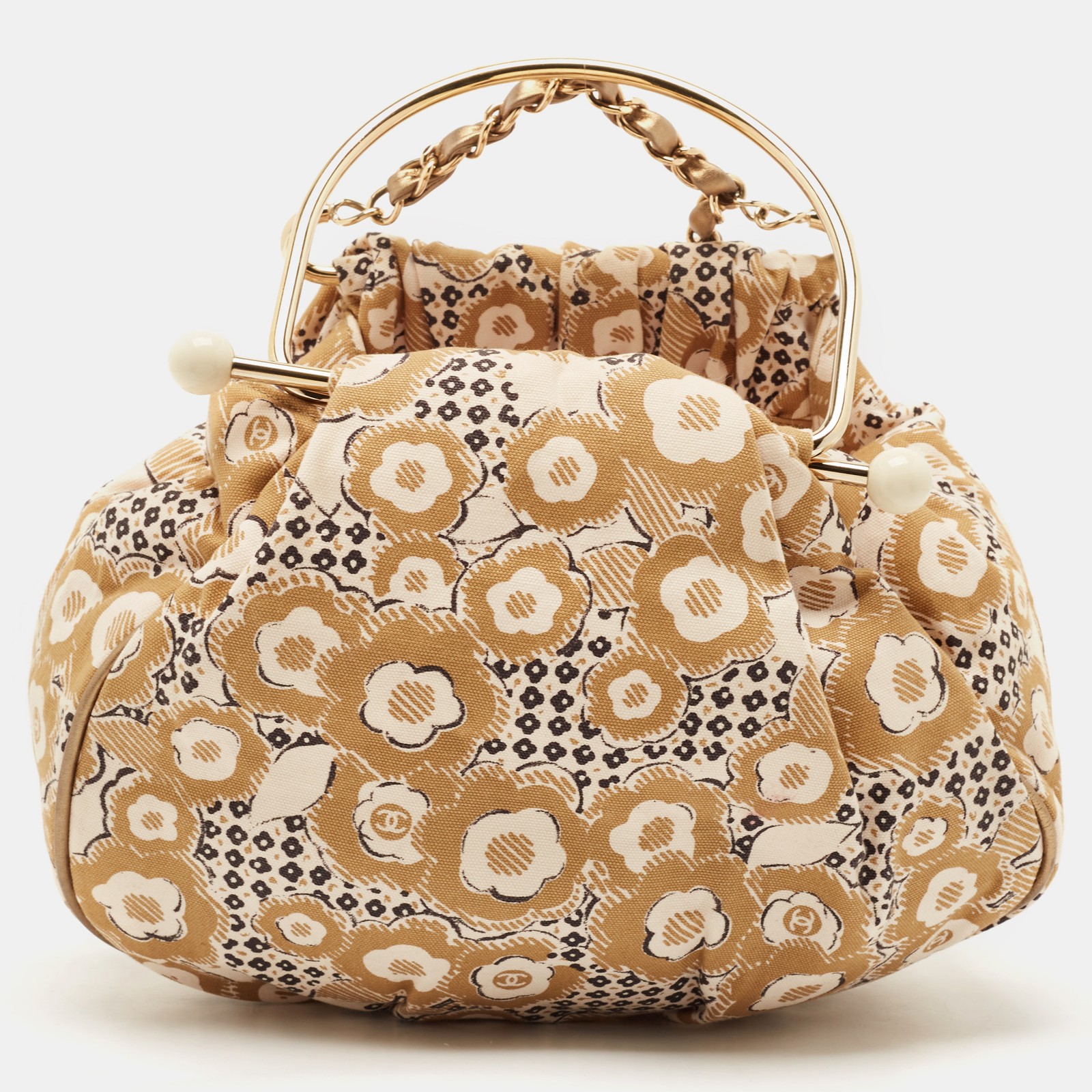 Chanel Beige Camellia Print Canvas CC Hobo Bag with Metal Handle