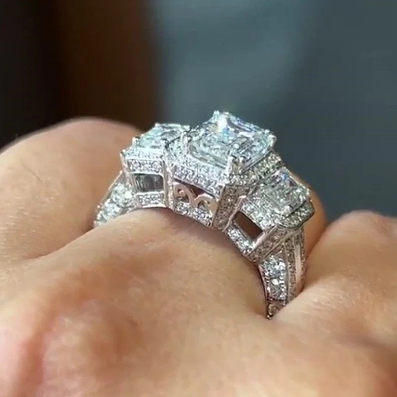 4.5Ctw Emerald Moissanite Halo Three Stone Engagement Ring 14k White Gold Plated - Image 4 of 4