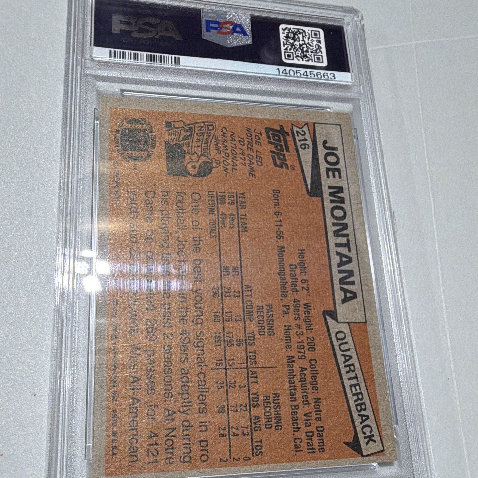 Topps 1981 Topps Joe Montana #216 Rookie Base PSA 6 San Francisco 49ers view 2