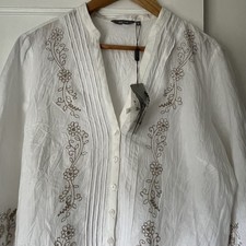 NWT M&S 16 Per Una Embroidered Linen Blouse Shirt Off White Boho 3/4 Sleeve