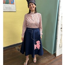 Vintage Handmade Navy Blue Poodle Circle Skirt Pink Pom Pom 1950s Style