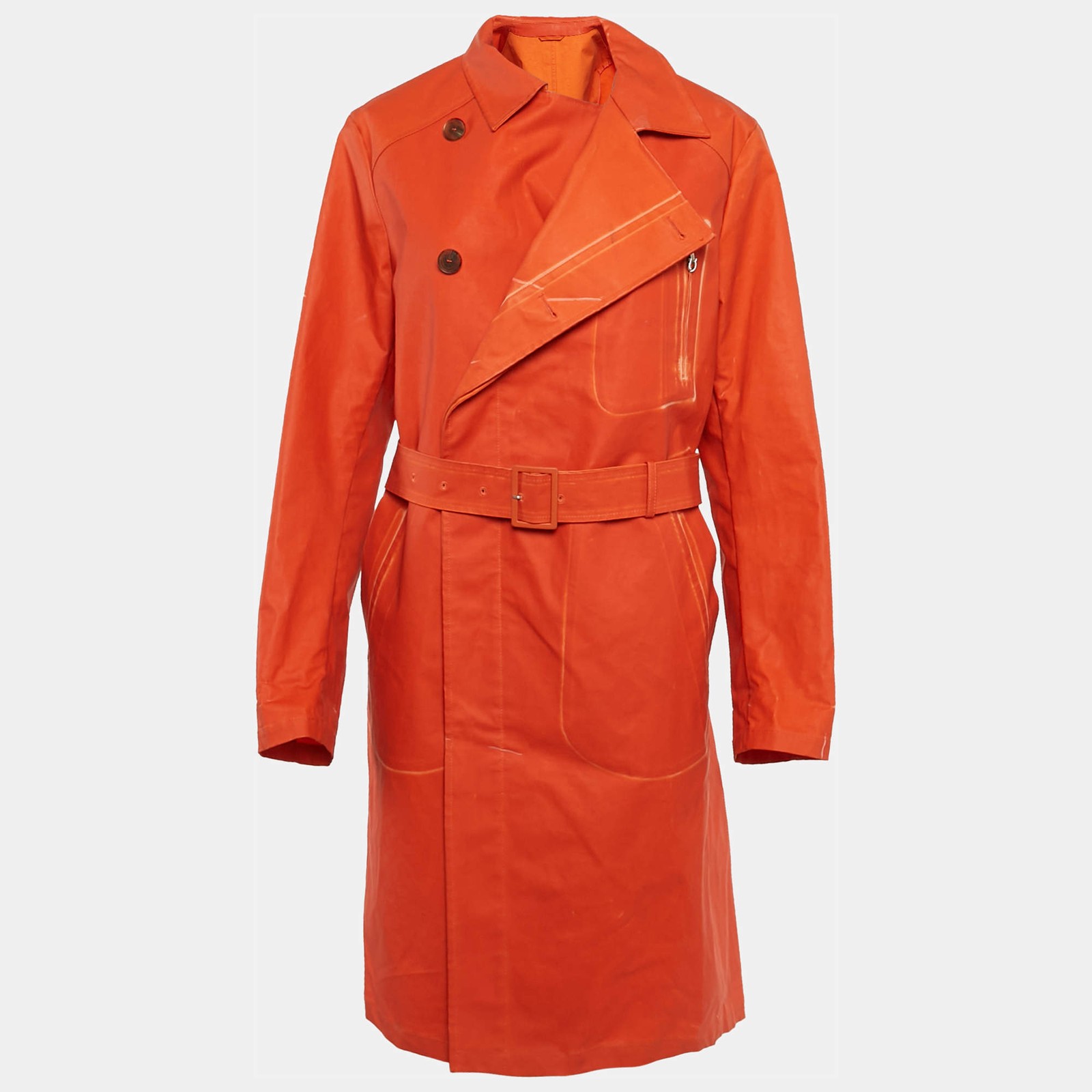 Salvatore Ferragamo Orange Coated Cotton Belted Coat XL