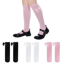 phnydreg 3 Packs Girls Bow Knee High Socks 4 7-12 Years, Pink, White, Black