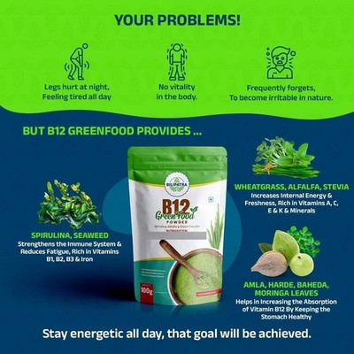 B12 Green Food Powder 100g Plant Based Vitamin B1, B2, B3, B6, B9, C & A