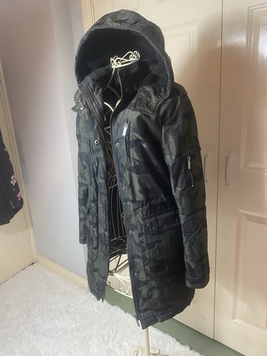 Mint Velvet Black Green Camo Parka Coat. Hooded,removable Faux Fur trim Size 8 - Bild 5 von 18