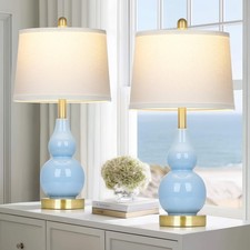 25" Modern Ceramic Table Lamps Set of 2, Blue Double Gourd Ceramic Lamps for ...
