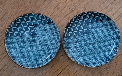 Kozan Gama Blue Mosaic Japanese Butter Pat Trinket Dish 4 in Lot Of 2 