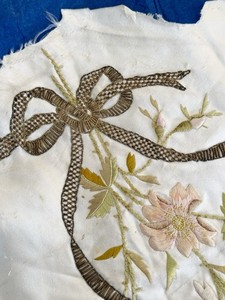 ANTIQUE VICTORIAN FINE SILK EMBROIDERED FRAGMENT ROSES AND METALLIC BOW