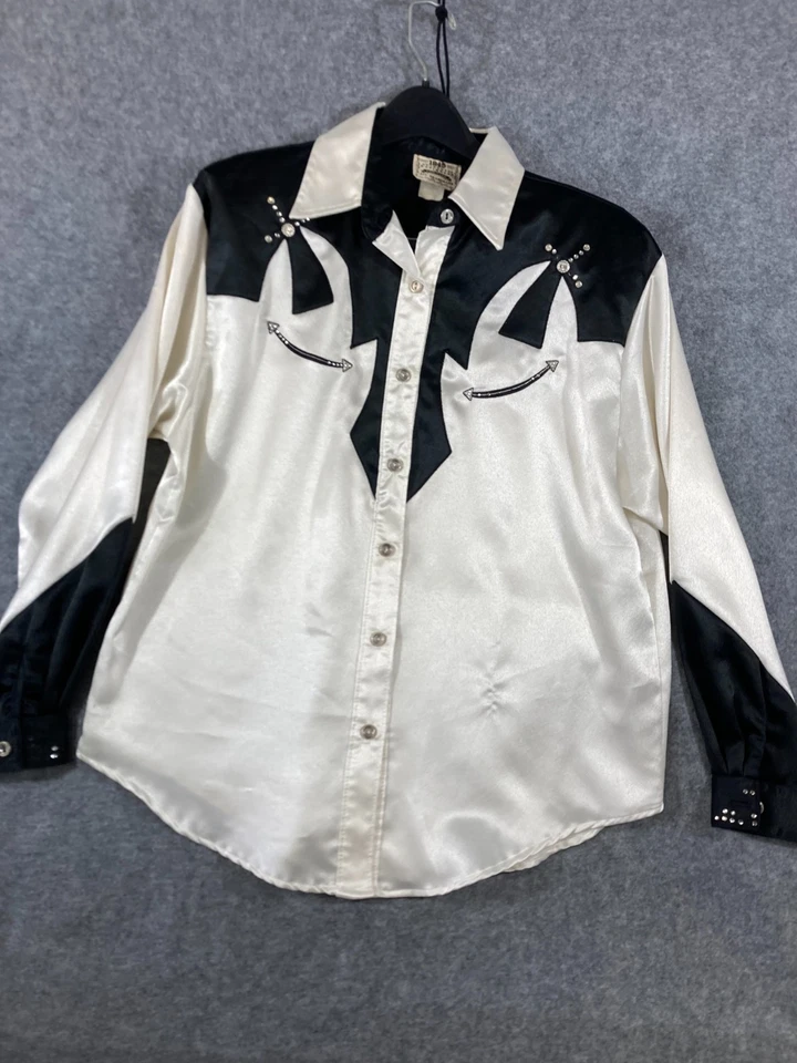 1849 Authentic Ranch Wear Western Shirt Women L Silver Black Satin Studs Vintage - Image 3 of 4