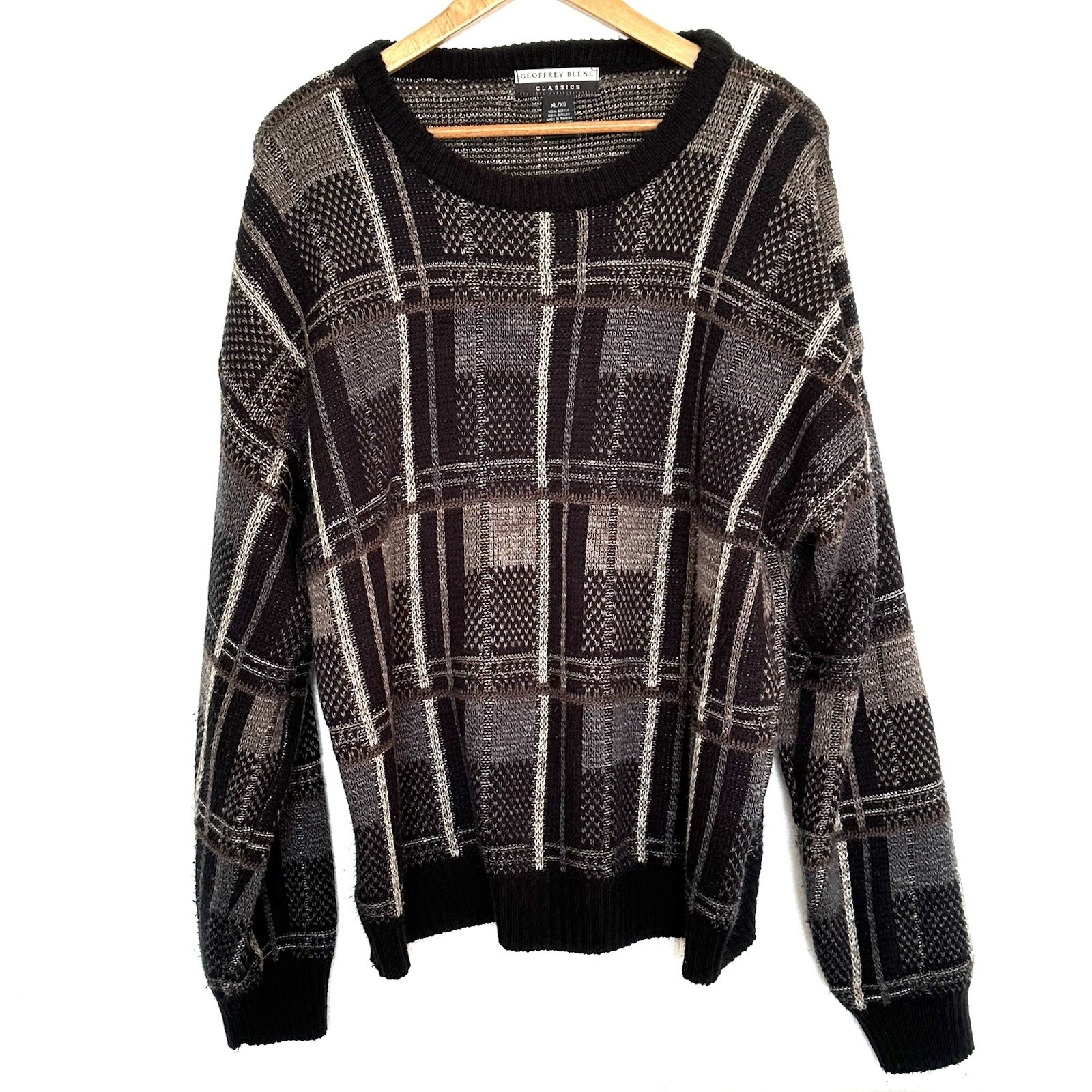 Geoffrey Beene Sweater Men’s XL Plaid Acrylic Long Sleeve Pullover Crewneck