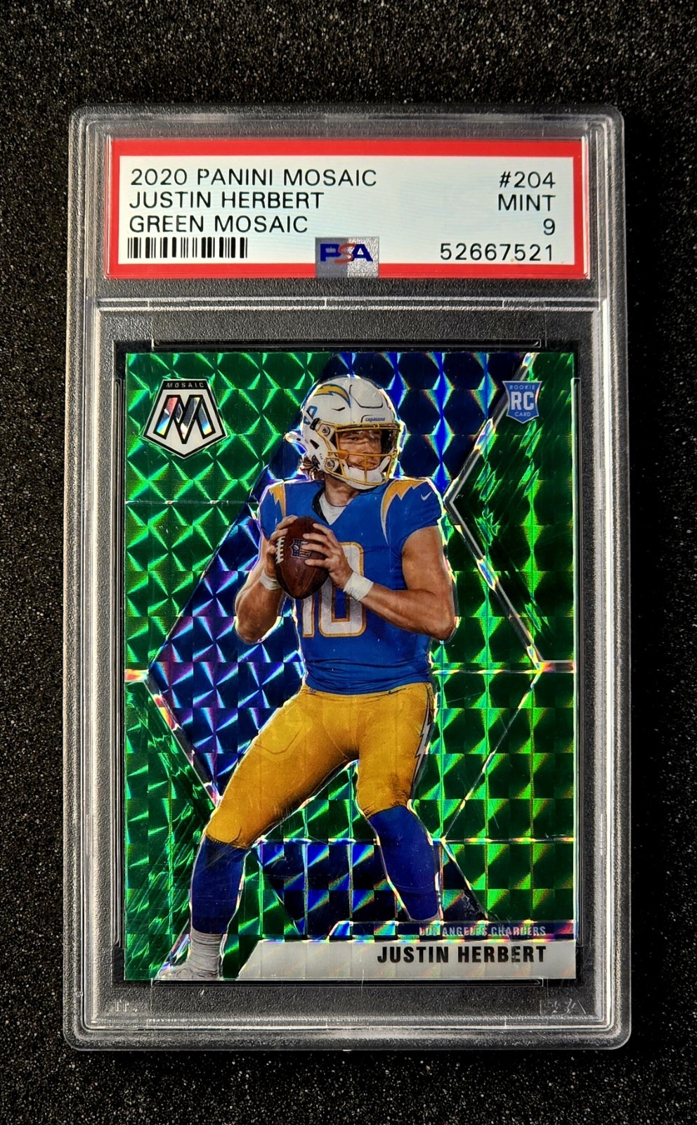2020 Panini Mosaic Justin Herbert RC Green Mosaic Prizm #204 PSA 9 LA Chargers