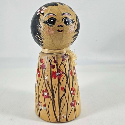 Hand painted Beth Martland wood folk art doll figurine signed  kokeshi style