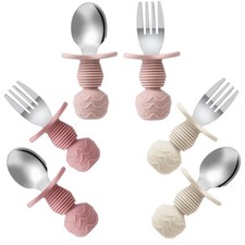 6-Pack Stainless Steel Toddler Spoons and Fork Feeding Set - Anti Pink/Beige