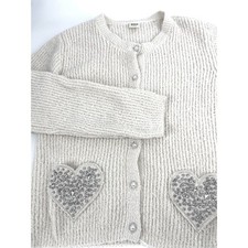 Women's Wicked Katie Kime Cream Rhinestone Embellished Heart Cardigan Sweater XL