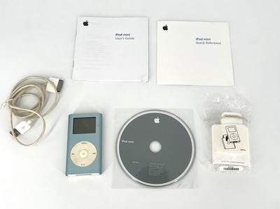 Vintage Apple IPod Mini A1051 Blue MP3 FOR PARTS & clip holder, User guide, disc