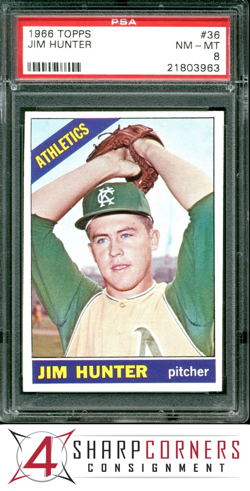 1966 TOPPS #36 JIM CATFISH HUNTER ATHLETICS HOF PSA 8
