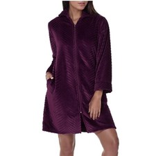 Miss Elaine Women French Fleece Long Zip Robe Aubergine PS Chevron Embossed NWT