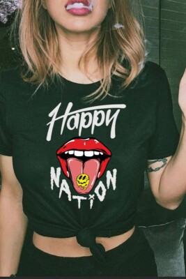 Women's Black Happy Nation Psychedelic Short Sleeve Graphic Tee (T-Shirt)
