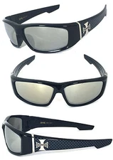 Choppers Mens Motorcycle Sunglasses Black Frame Mirror Lens Big Cross Logo
