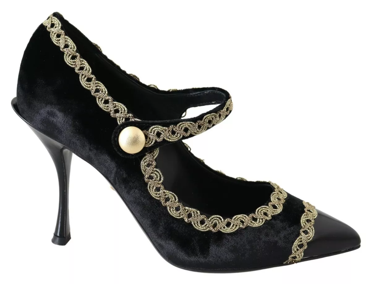 DOLCE GABBANA Shoes Mary Janes Pumps Black Velvet Gold EU35