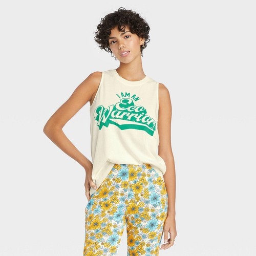 Modern LUX Eco Warrior Graphic Tank Top Women's White Sleeveless Cotton, Size S