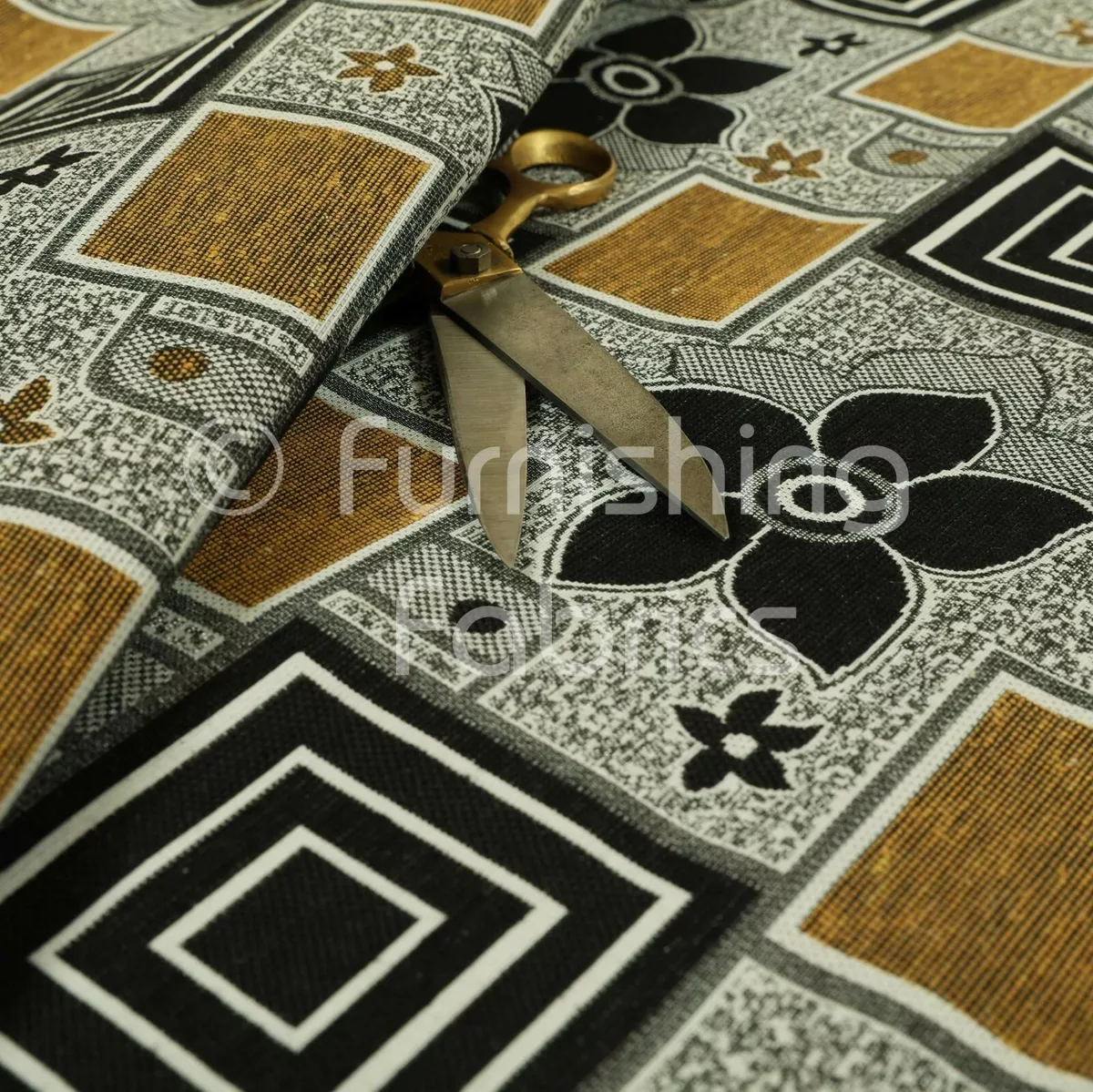 Modern Upholstery Furnishing Pattern Fabric Floral Square Patchwork Yellow Grey