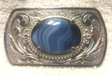 Blue Marble Wavey Stone Silver Engraved Edge Western Buckle Great Vintage Shape
