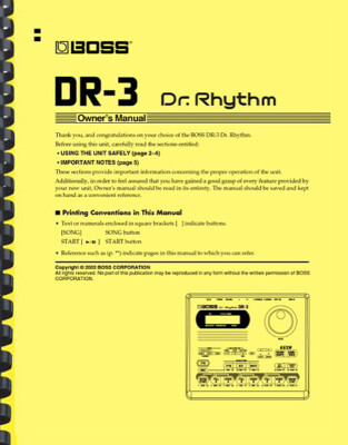 Boss DR-3 Dr. Rhythm Drum Machine OWNER'S MANUAL 