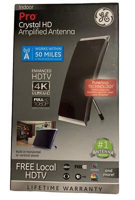 GE Indoor Pro Crystal HD Amplified TV Antenna-50 Miles Of Broadcast Towers