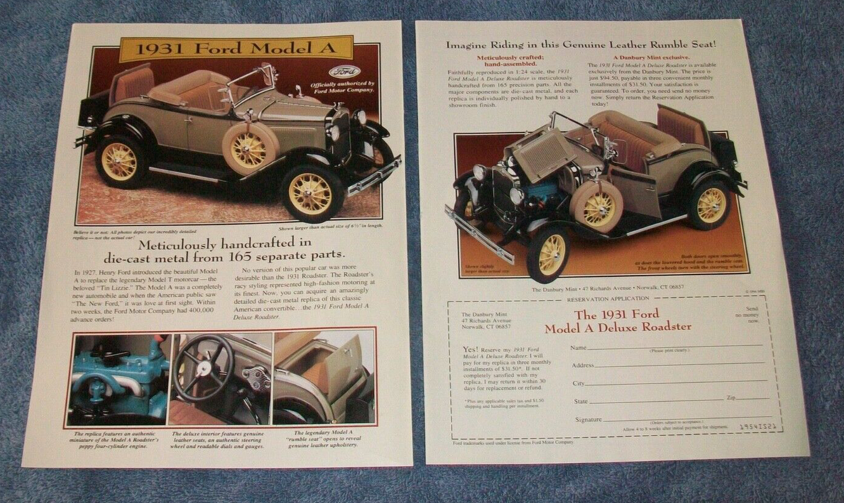 Danbury Mint 1931 Ford Model A Roadster Vintage Diecast Model Ad
