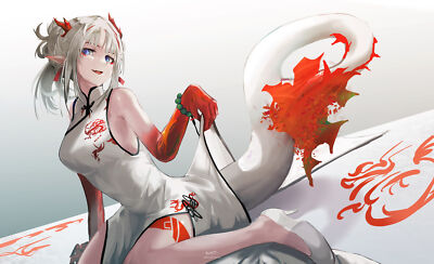 Anime girls white hair pointy ears dress heels blue tail Playmat Game Mat Desk