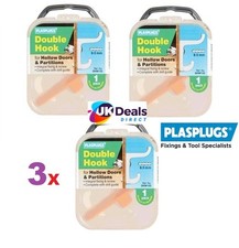 3 X PLASPLUGS DOUBLE ROBE DRESSING GOWN HOOK FOR HOLLOW DOORS & PARTITIONS