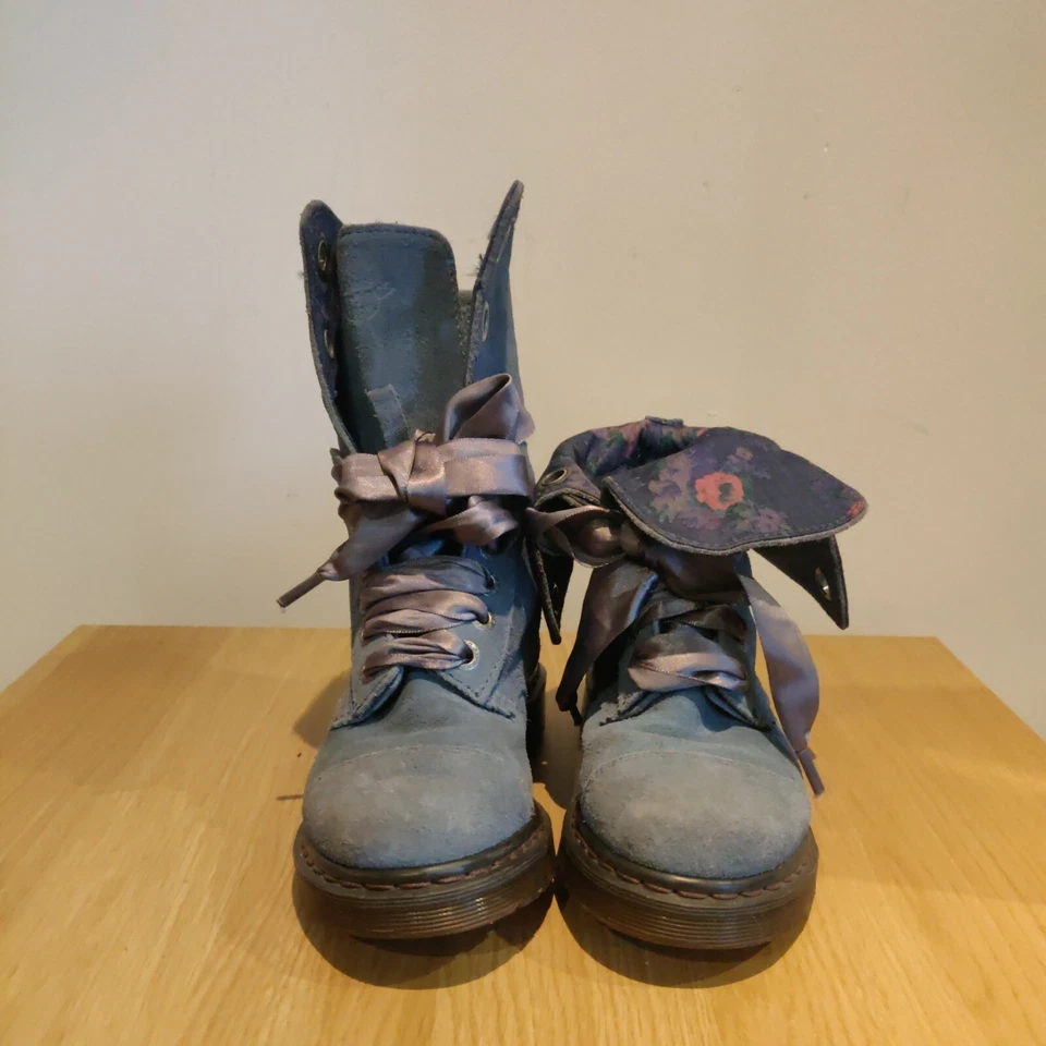 Dr Martens Aimilie Sea Blue Suede 9 Holes Mid Calf Boots Floral Lining Uk 3 - Image 2 of 4