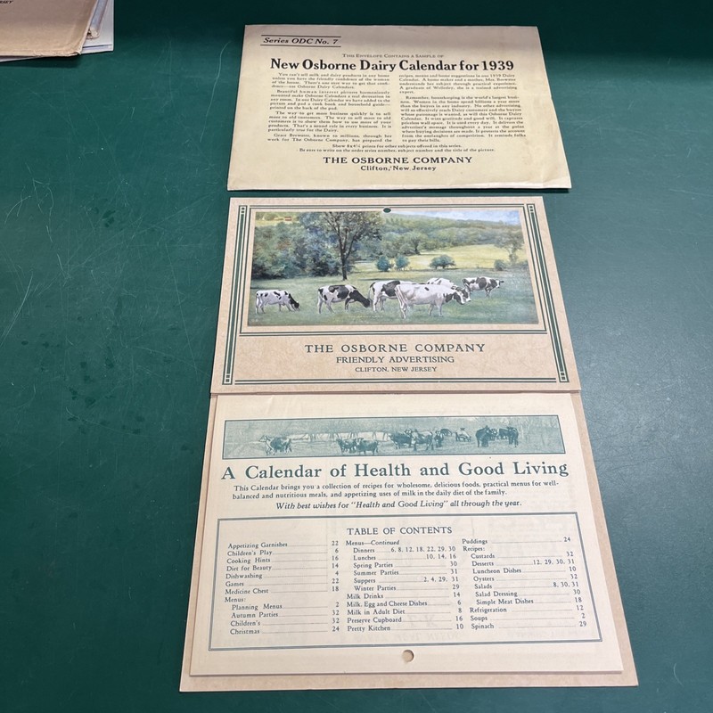 1939 Promo Sample Dairy Farm Advertising Calendar  The Osborne Co. NJ w/Envelope