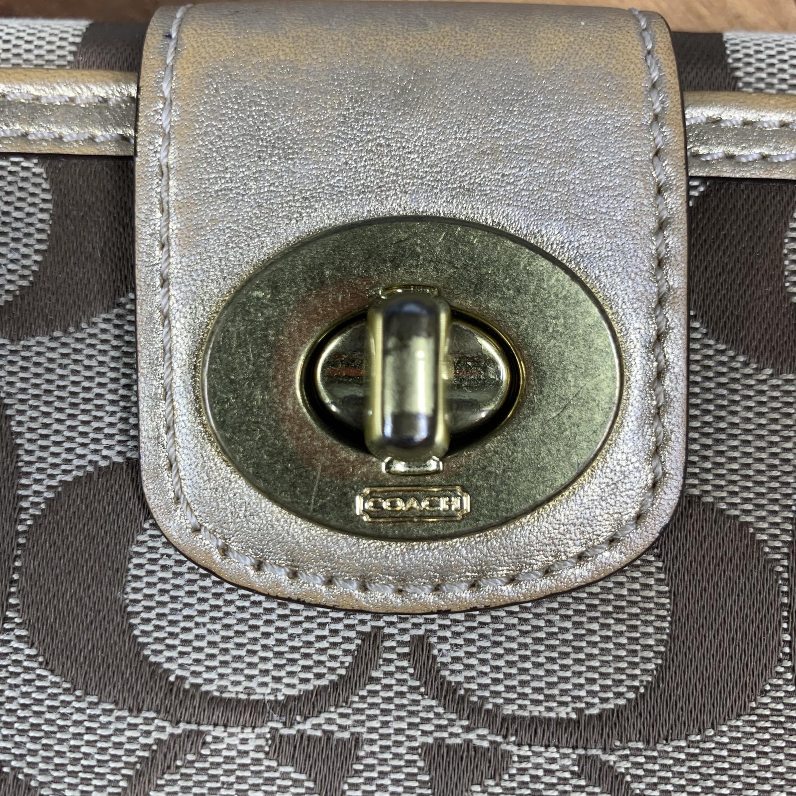 Coach Signature Wallet Womens Brown Gold Turnlock Canvas Leather Long Checkbook thumbnail 2