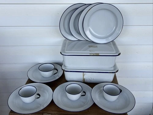 Vtg KER Sweden Enamelware White Blue Refrigerator Box Plate Farmhouse Porcelain