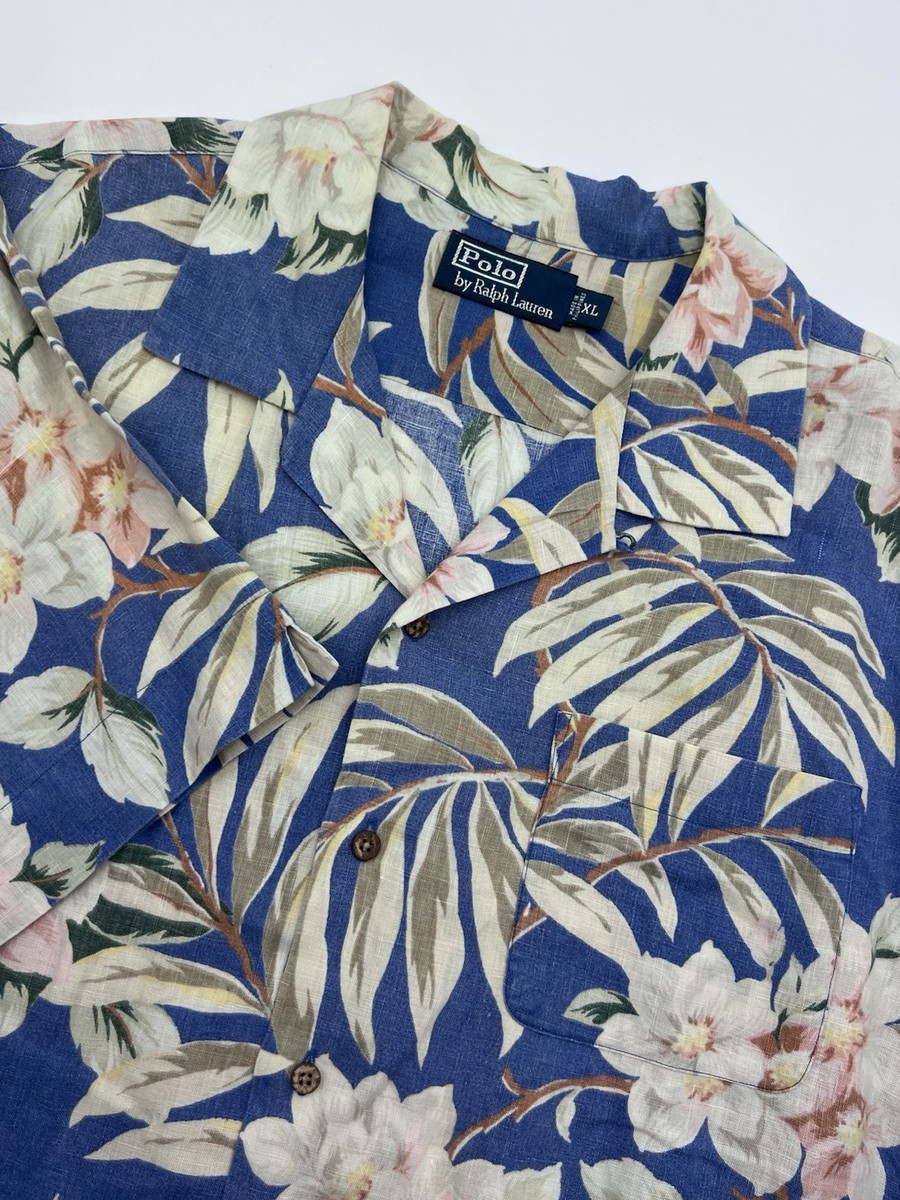 Vintage Polo Ralph Lauren Camp Shirt Mens XL 100% Linen Blue