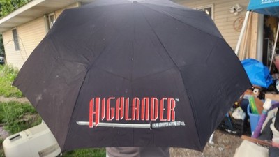Highlander Black Compact Folding Men's Umbrella with Logo, Sleeve, Movie Theme