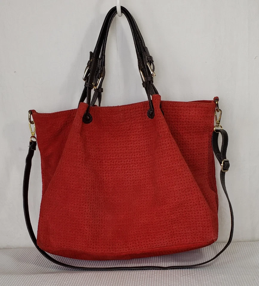 Large Tuscany Leather Woven Suede Tote Lipstick Red Shoulder Crossbody mi/Italy  - Image 2 of 4