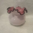 Vintage Fenton Glass Pink White Cased Black Crest Ruffled Rose Bowl Vase 5" tall