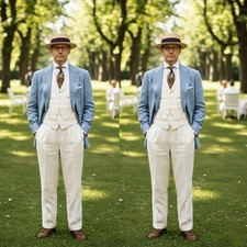 Blue Linen Men's Suits Summer Beach Wedding Tuxedos Outdoor Casual Two Pieces