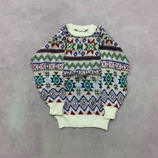 Vintage Abstract Knitted Jumper Patterned Grandad Knit Sweater Men's M