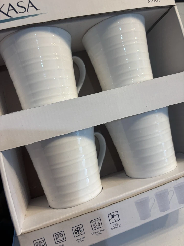 "Lote de 4 tazas Mikasa Bone China Ciara remolino blanco acanalado 4,5"" 12 oz nuevas en caja" Foto 3 de 4