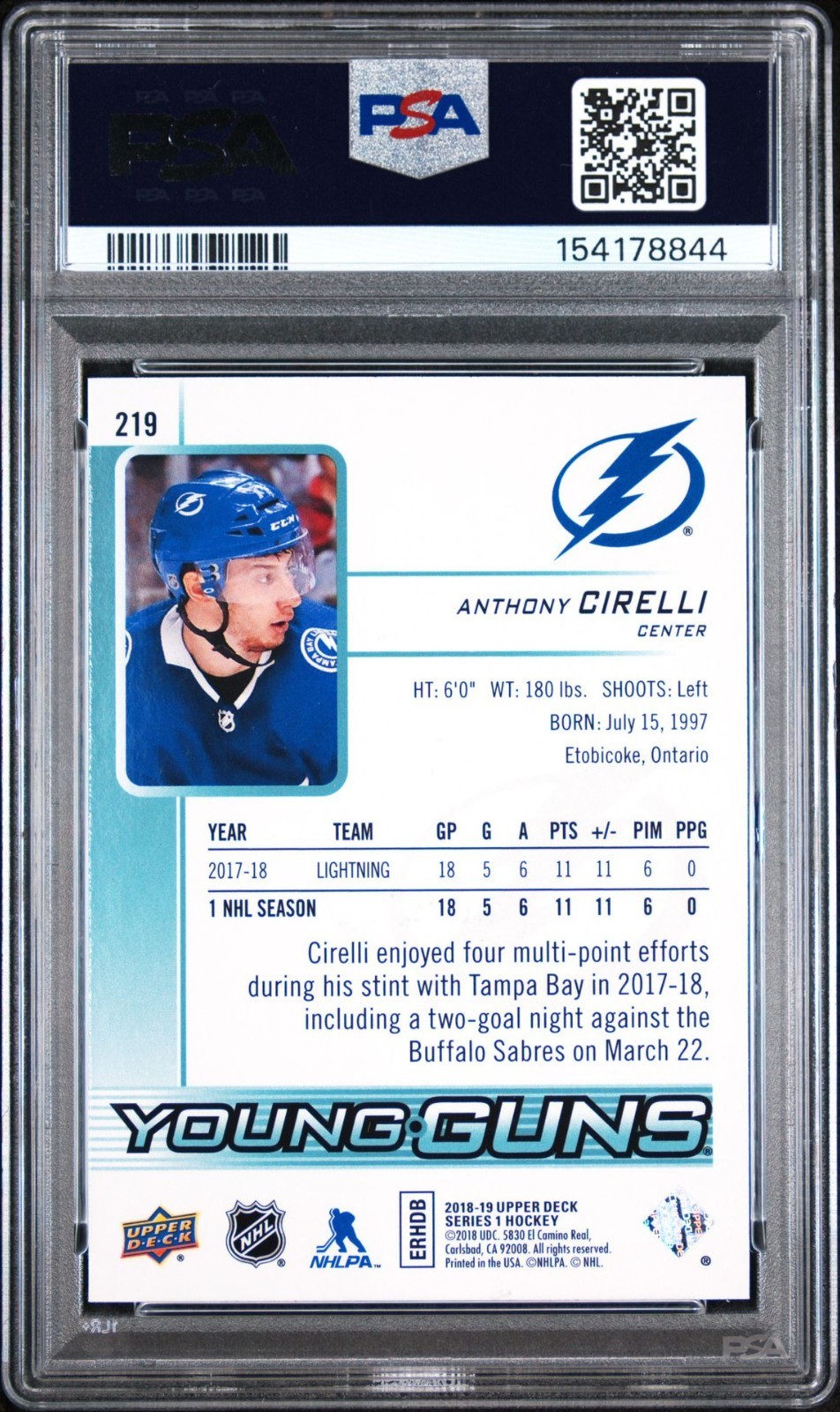 2018-19 Upper Deck #219 Anthony Cirelli Young Guns PSA 7 view 2