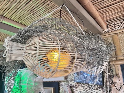 NEW Rattan Fish Trap Lamp  W/ Real Puffer Fish Yellow Led Smokin Tikis Oceanic