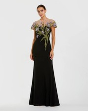 Mac Duggal 11912 Black High Neck Floral Embroidered Jersey Gown Sz 16 NWOT