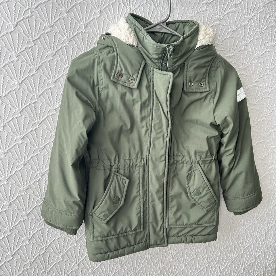 Abercrombie & Fitch Jacket Girls 5/6 Green Utility Kids Sherpa Hooded Outdoor - Image 2 of 4
