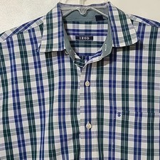 Izod Men's Blue and Green Plaid Long Sleeve Button-Up Shirt - Size Large